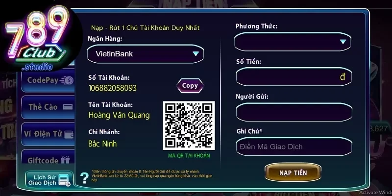 Hướng dẫn nạp tiền 789Club — ngân hàng, ví điện tử, thẻ cào và USDT